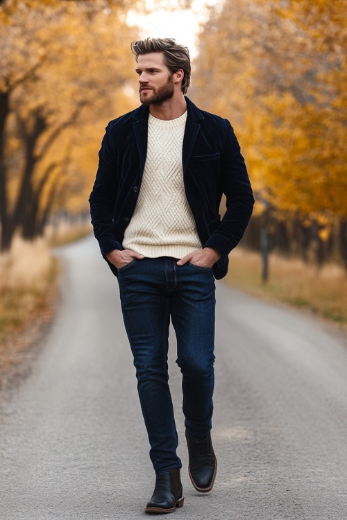 A casual yet stylish man in a navy corduroy blazer over a cream knit sweater, paired with medium-wash bootcut jeans completely hiding the shaft of black cowboy boots