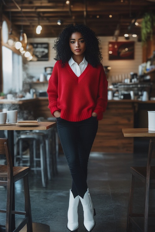 A chic layered outfit featuring a red oversized sweater worn over a long white button-down shirt, with the hem peeking out. Paired with black skinny jeans and sleek white cowboy boots