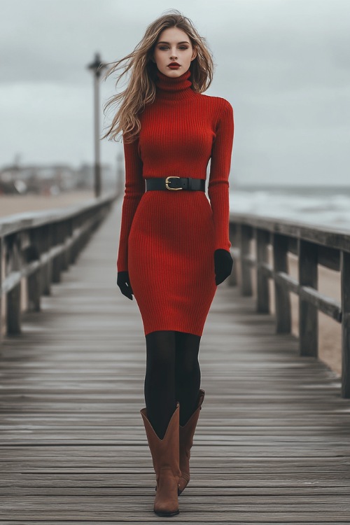 A chic red turtleneck sweater dress, cinched at the waist with a black leather belt. The dress falls just above the knees, and she pairs it with tall brown cowboy boots