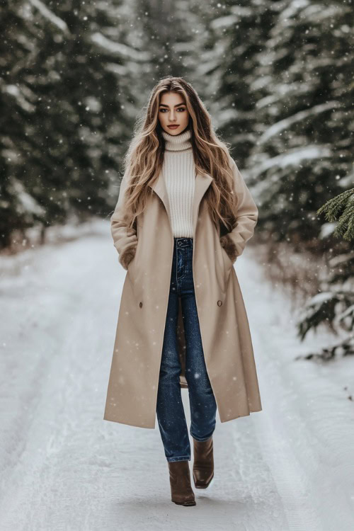 A chic winter look featuring a woman in a long beige trench coat over a turtleneck sweater, paired with dark-wash flared jeans over fur-lined cowboy boots