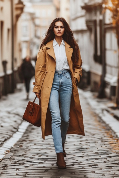 A confident woman dressed in a long camel trench coat layered over a white blouse, with mid-rise wide-leg jeans over black cowboy boots