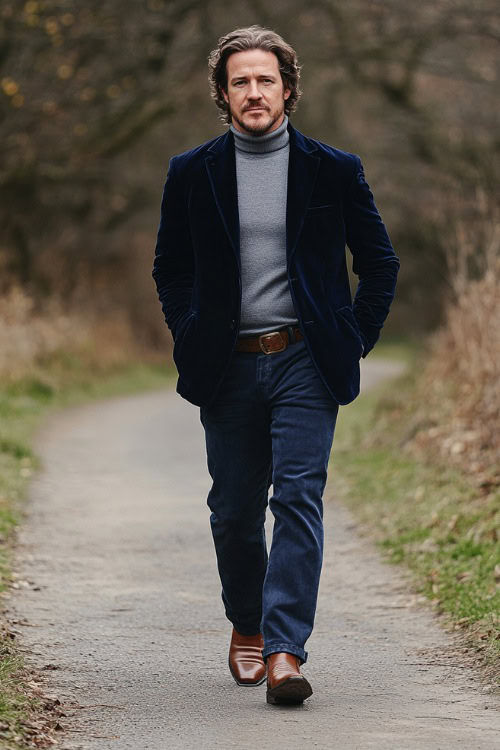 A contemporary Western outfit showcasing a man in a navy blue velvet blazer over a gray turtleneck, paired with high-rise dark-wash flared jeans fully covering classic brown cowboy boots