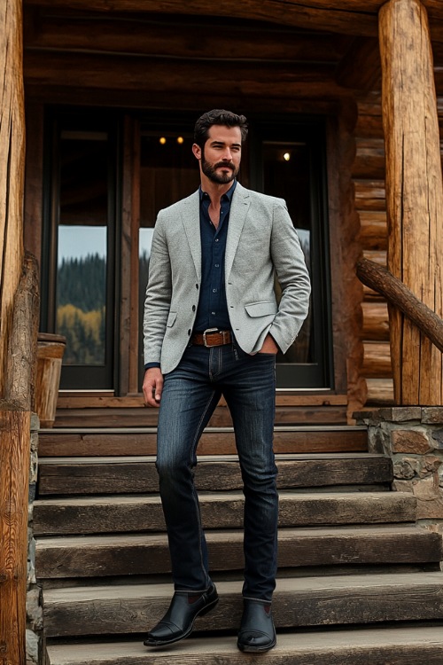 A contemporary outfit featuring a man in a light-gray blazer over a tucked-in navy shirt, with dark bootcut jeans covering polished black cowboy boots (3)