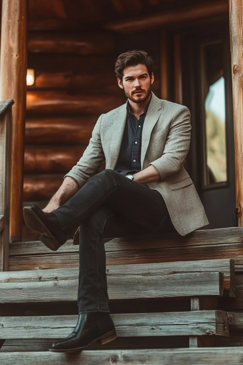 A contemporary outfit featuring a man in a light-gray blazer over a tucked-in navy shirt, with dark bootcut jeans covering polished black cowboy boots