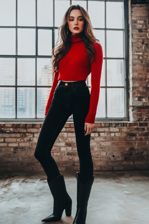 A cropped red turtleneck sweater paired with high-waisted black jeans and pointed-toe black cowboy boots, posing in a chic, industrial-style loft with brick walls and large windows