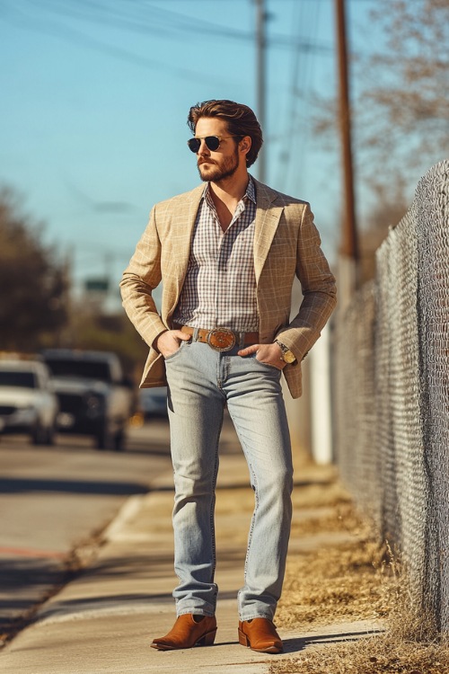 A fashionable Western look with a man in a light tan blazer over a checkered shirt, paired with medium-wash flared jeans that conceal tan cowboy boots