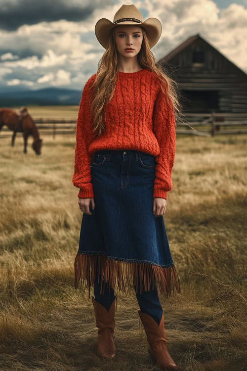 A fashionable ensemble with a bright red chunky sweater and a dark blue denim skirt, ending just above the knees