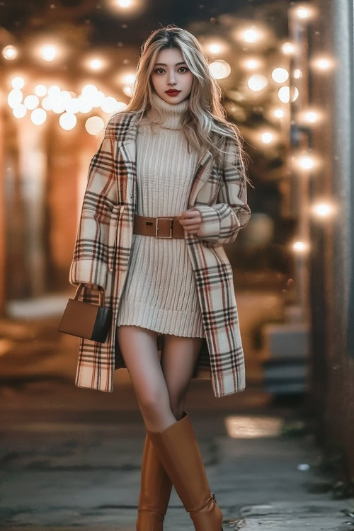 A fashionable woman in a belted plaid shacket, a cream sweater dress, and knee-high suede boots, holding a small clutch