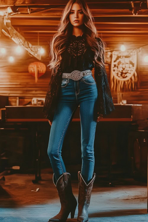 A fashionable woman in a black lace blouse, flared jeans, and cowboy boots, wearing a silver concho belt