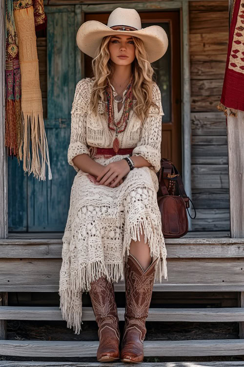 A fashionable woman in a crochet dress, layered necklaces, and tall cowboy boots