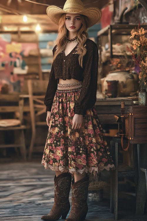 A fashionable woman in a crochet top, a midi floral skirt, and cowboy boots