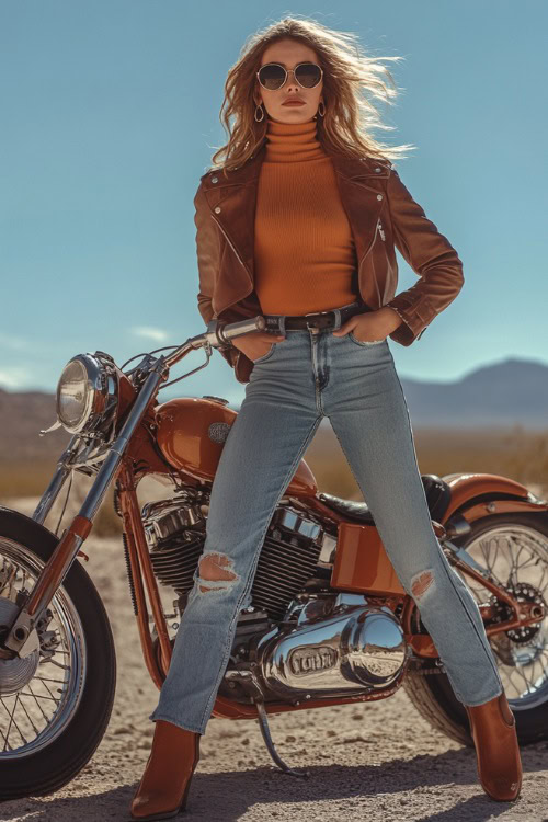 A fashionable woman in a cropped leather jacket over a rust-colored turtleneck, paired with high-waisted medium-wash loose-fit jeans over black cowboy boots