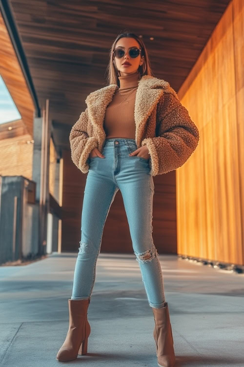 A fashionable woman in a cropped shearling jacket, a long-sleeve top, straight jeans, and heeled boots, accessorized with a crossbody bag