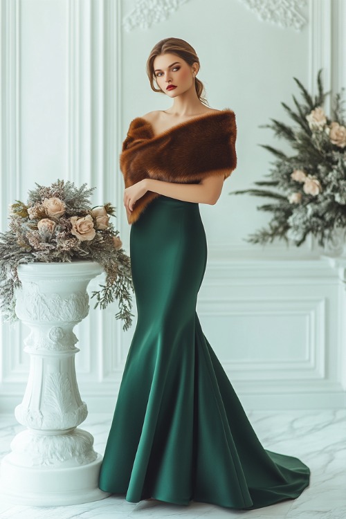 A fashionable woman in a dark green off-the-shoulder satin gown with a luxurious brown fur stole (2)