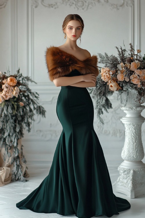 A fashionable woman in a dark green off-the-shoulder satin gown with a luxurious brown fur stole