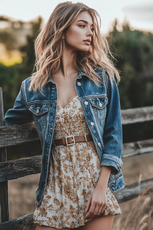 A fashionable woman in a denim jacket over a light floral dress, paired with tall western boots and a wide leather belt