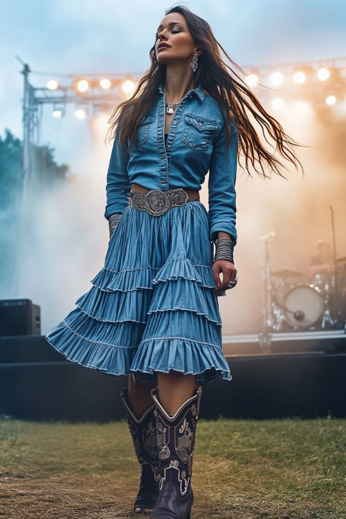 A fashionable woman in a denim shirt, a long tiered ruffle skirt, and embroidered cowboy boots