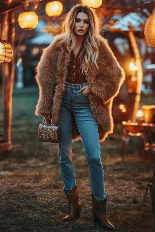 A fashionable woman in a faux fur coat, wide-leg jeans, and pointed cowboy boots