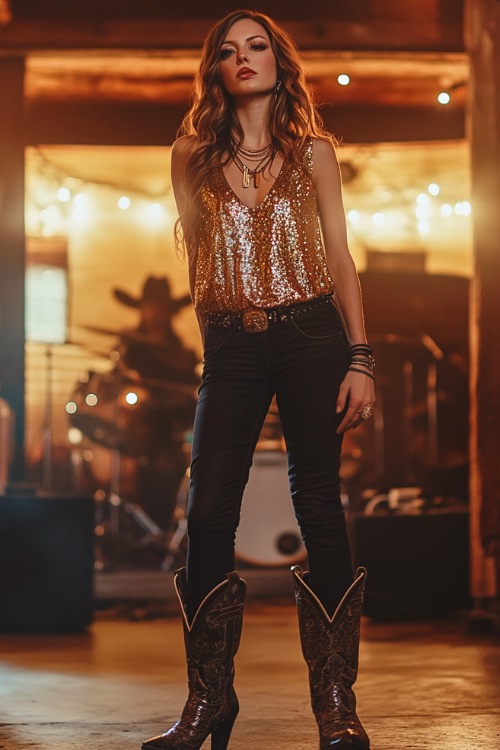 A fashionable woman in a gold sequined top, dark skinny jeans, and tall cowboy boots