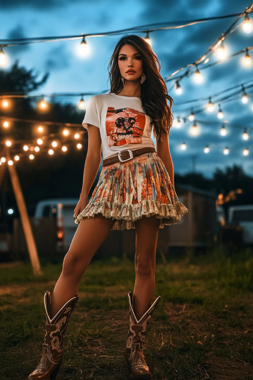 A fashionable woman in a graphic tee, a tiered skirt, and cowboy boots, posing under string lights at a country concert venue