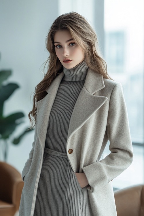 A fashionable woman in a gray ribbed knit dress with long sleeves, styled with a warm ivory wool coat, standing in a minimalist studio with frosted glass panels and elegant decor