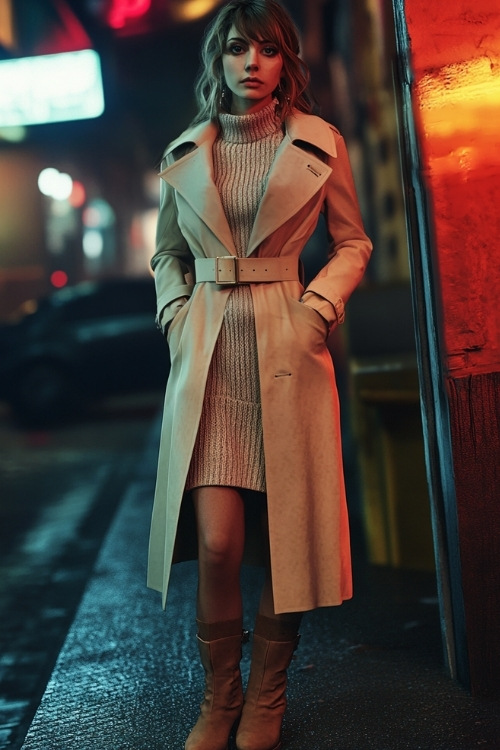 A fashionable woman in a long belted trench coat, a knit sweater dress, and suede ankle boots