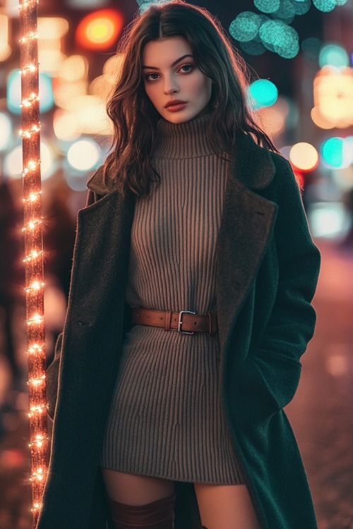 A fashionable woman in a ribbed sweater dress, knee-high suede boots, and a belted wool coat