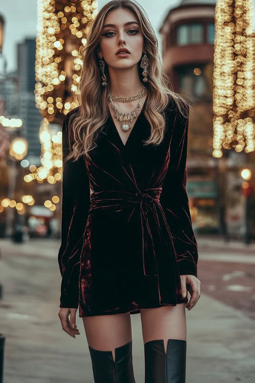 A fashionable woman in a velvet wrap dress, knee-high boots, and a statement necklace