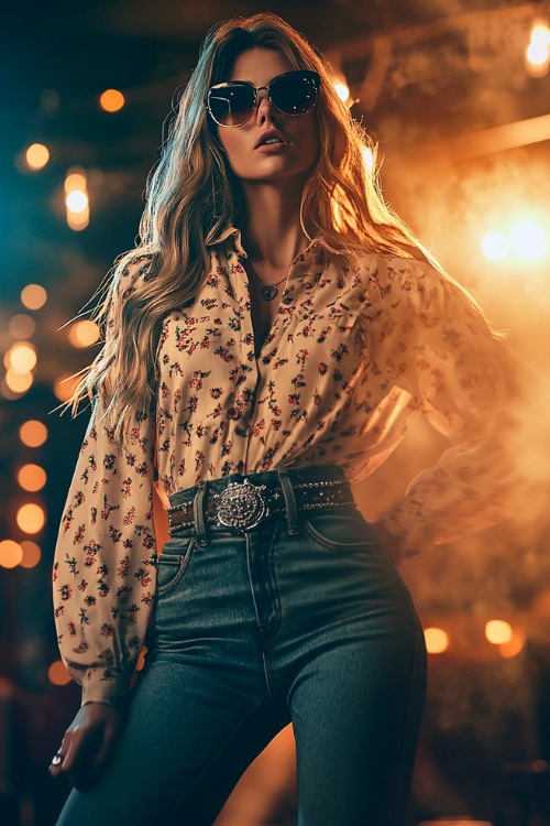 A fashionable woman wearing a boho blouse tucked into bootcut jeans, accessorized with a silver concho belt and tall leather boots (2)