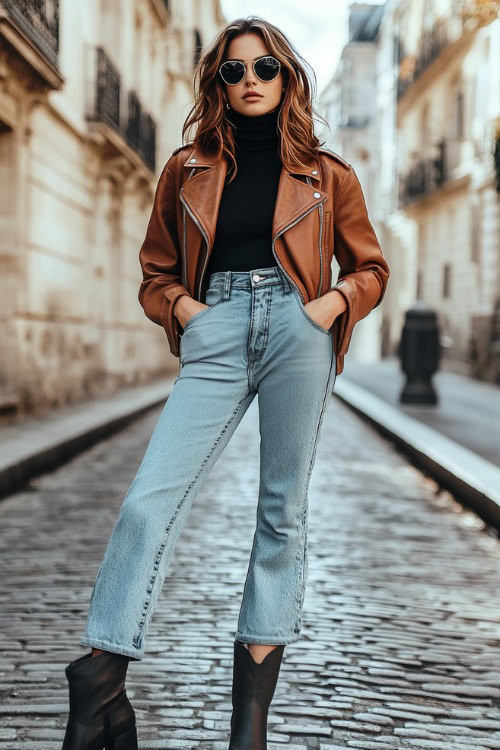 A fashionable woman wearing a brown leather jacket over a black turtleneck, paired with light-wash wide-leg jeans tucked into pointed-toe black cowboy boots (2)