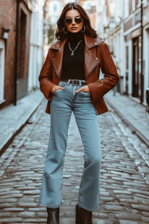 A fashionable woman wearing a brown leather jacket over a black turtleneck, paired with light-wash wide-leg jeans tucked into pointed-toe black cowboy boots