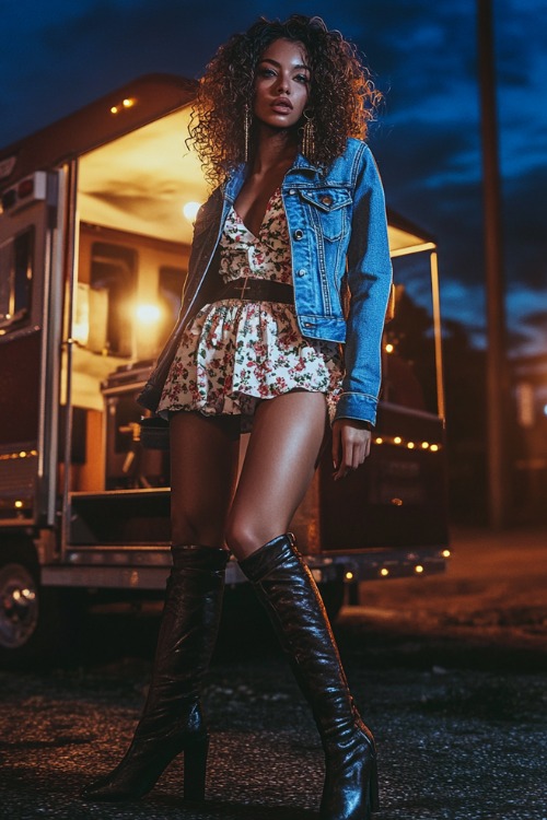 A fashionable woman wearing a denim jacket, a floral mini dress, and tall leather boots, accessorized with a leather belt