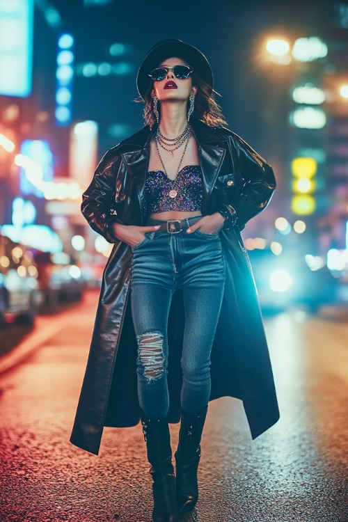 A fashionable woman wearing a leather trench coat, a glittery top, straight-leg jeans, and heeled ankle boots, accessorized with bold necklaces