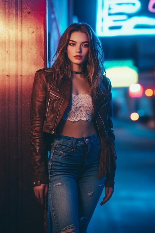 A fashionable woman wearing a lightweight leather jacket over a lace crop top, high-waisted jeans