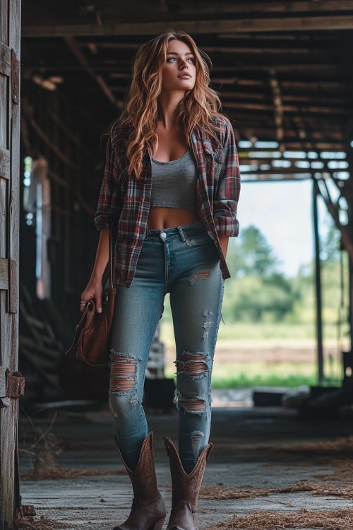 A fashionable woman wearing a lightweight plaid shacket, a fitted tank top, ripped jeans, and cowboy boots