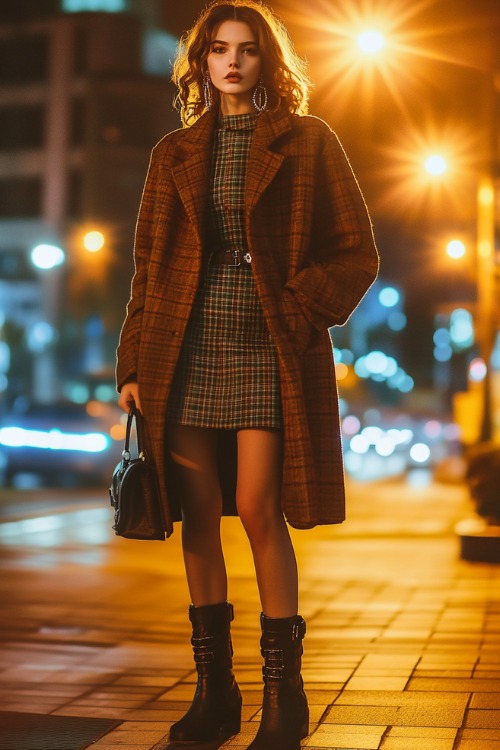 A fashionable woman wearing a structured coat, a mini plaid skirt, and chunky boots