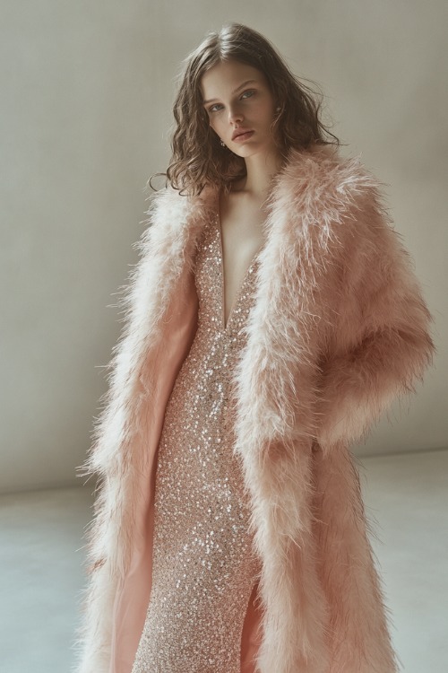 A model dressed in a champagne-colored sheath dress with subtle sequin details, styled with a soft pastel pink fur coat, standing in a minimalist studio with a plain backdrop