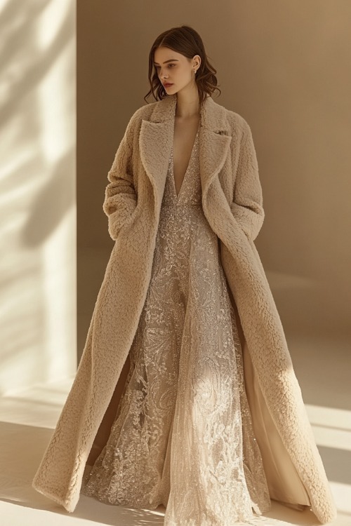 A model in a champagne-colored gown with intricate sequin embroidery, paired with a taupe cashmere coat