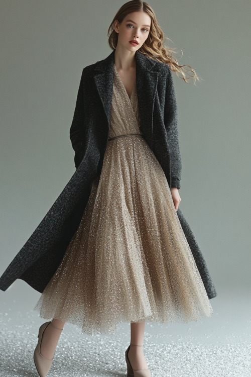 A model in a champagne midi dress with subtle sequin detailing, styled with a cropped gray wool coat, standing in a plain studio with clean lighting