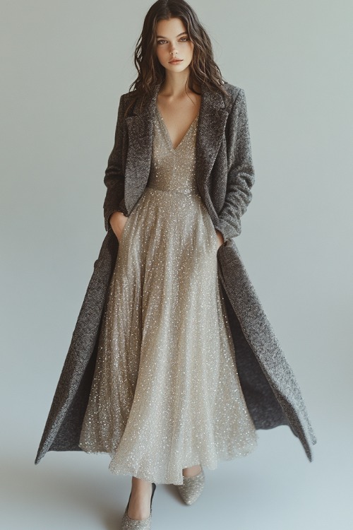 A model in a champagne midi dress with subtle sequin detailing, styled with a cropped gray wool coat