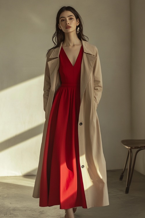 A model in a fitted red dress with a square neckline paired with a long beige trench coat, standing gracefully in a minimalist studio with soft shadows