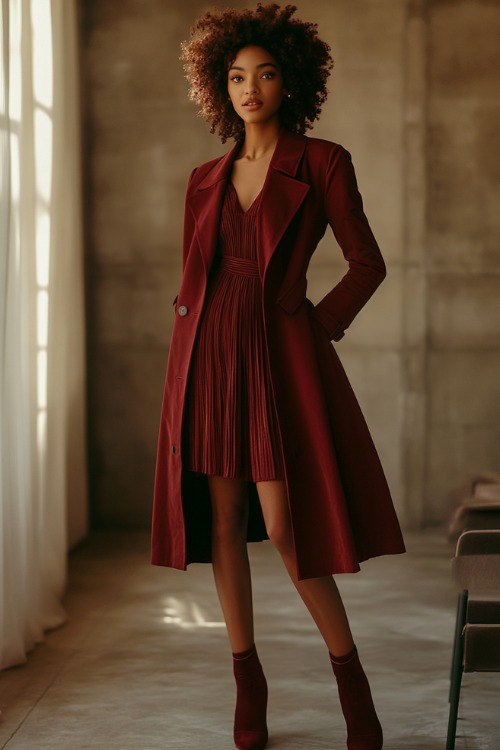 A model wearing a burgundy knee-length dress with puffed sleeves and a matching burgundy trench coat