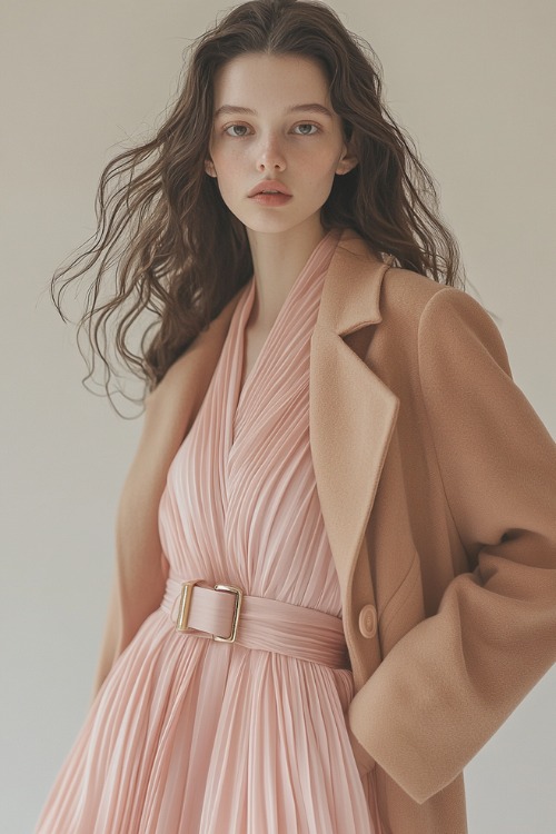 A model wearing a pastel pink pleated midi dress with long sleeves styled with a belted camel coat