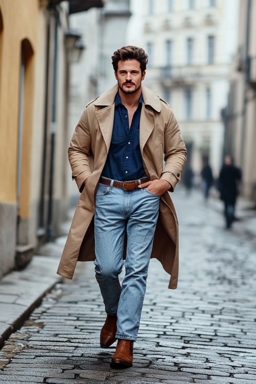 A modern Western-inspired outfit with a man wearing a beige trench coat over a fitted navy blue shirt, paired with loose-fit light-wash jeans that conceal polished brown cowboy boots