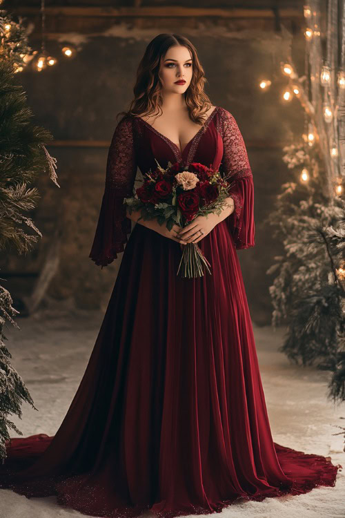 A plus-size woman in a wine-red floor-length gown with an empire waist and sheer bell sleeves