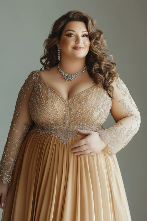 A plus-size woman wearing a champagne gold gown with a flowing skirt, fitted bodice, and long lace-trimmed sleeves, accessorized with a diamond necklace