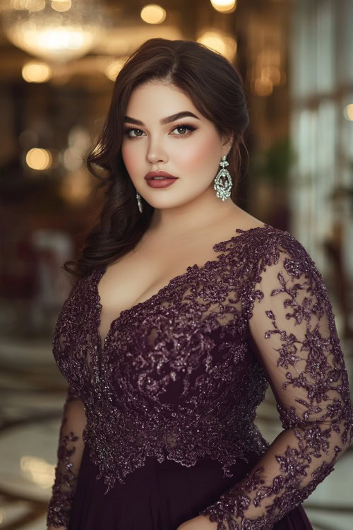 A plus-size woman wearing a dark plum mermaid gown with lace detailing on the sleeves and bodice, paired with silver earrings