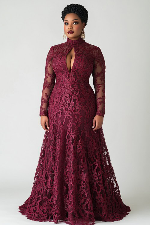 A plus-size woman wearing a maroon gown with a mock neck, keyhole cutout, and sheer long sleeves with intricate lace patterns, paired with gold earrings