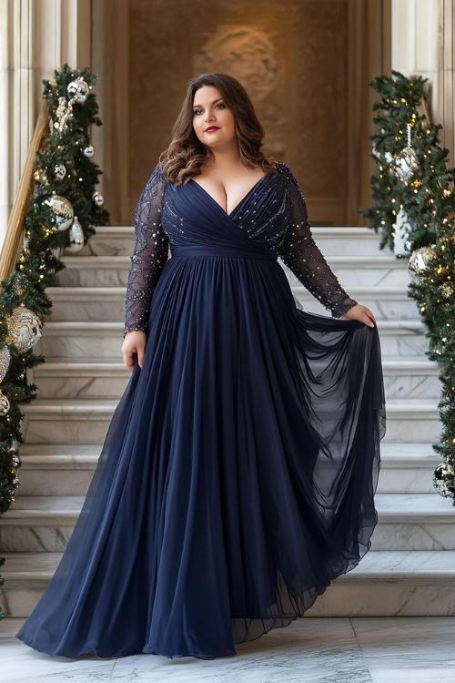 A plus-size woman wearing a navy blue empire waist gown with flowy long sleeves,