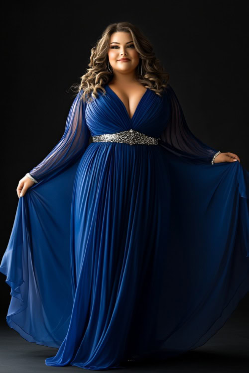 A plus-size woman wearing a royal blue floor-length gown with a plunging neckline, long chiffon sleeves, and a sparkling waistband